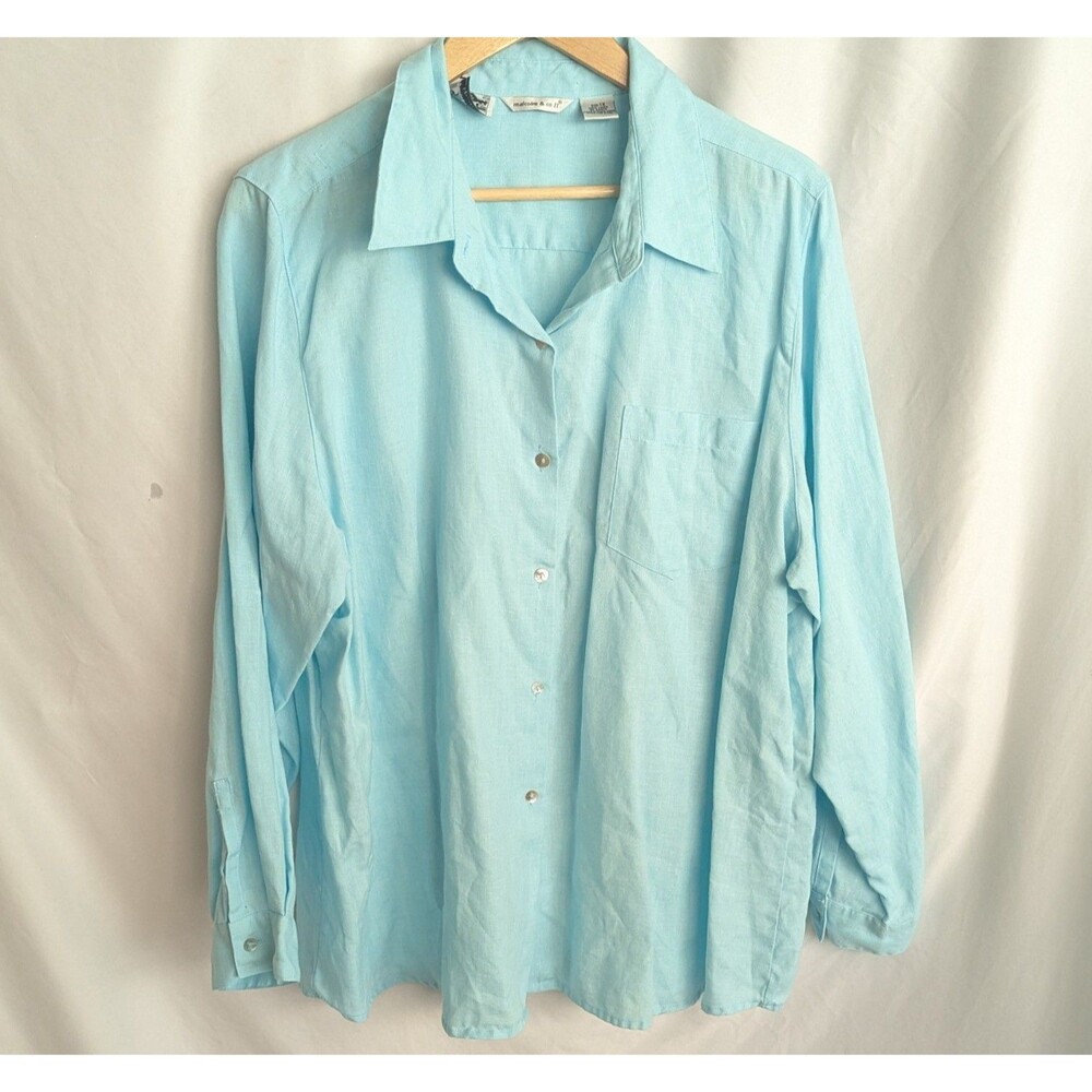 VINTAGE MALCOLM & CO. 100% Irish Linen Turquoise Shirt Button Front Size 1x